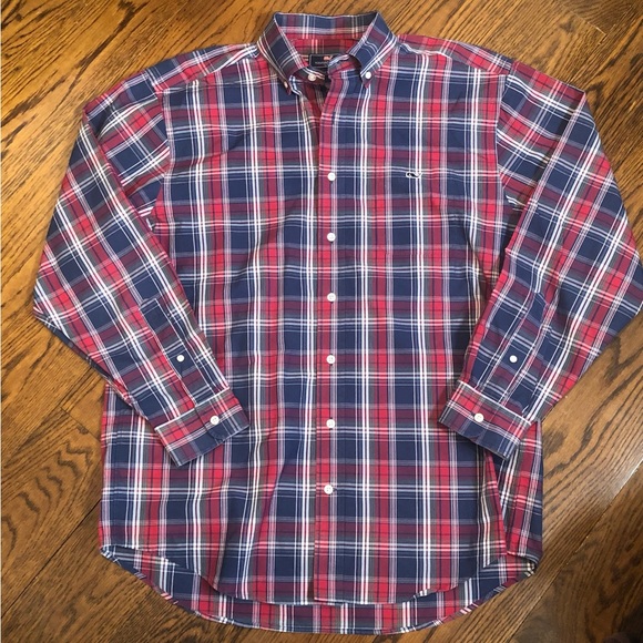 VINEYARD VINES Navy Red Plaid Button Down Shirt w Button Collar & Cuffs Sz LARGE - Picture 2 of 12